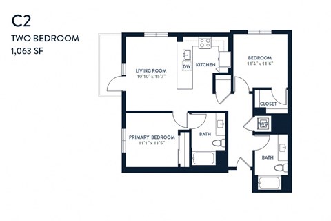 Floor plan for 2 beds, 2 baths, 1073 sqft